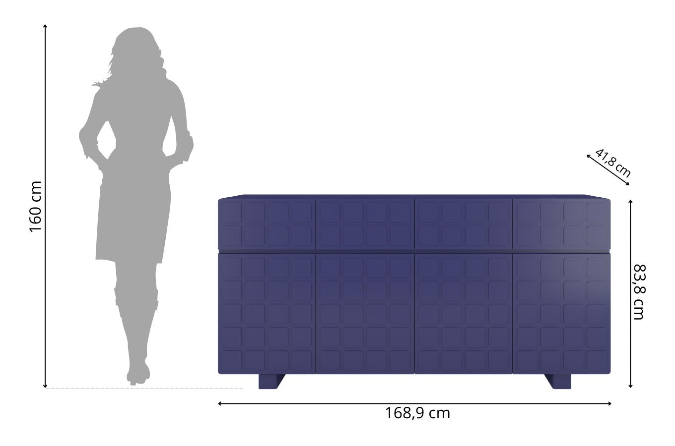 Skandica Cubo Long Kommode 3D mit dekorierter Front / 4 Schubladen / 4 Türen / 169 Cm / Marineblau