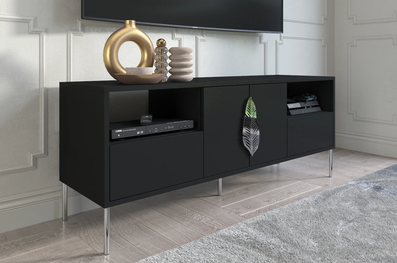 Skandica Merlin Tv-Schrank Mit Silbernen Details / 138 Cm / Schwarz