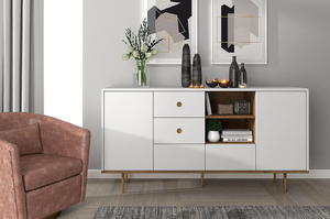 Harmoni Kommode Mit Goldenen Details / 2 Türen / 4 Schubladen / 2 Offenen Fächern / 160 Cm / Eiche / Weiß