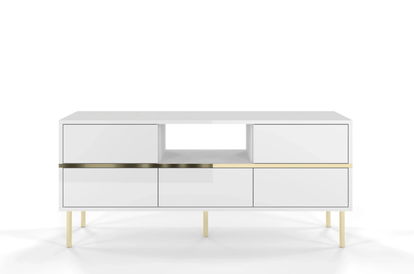 Dancan Marika Tv-Kommode Mit Goldenen Akcentem / Hochglanz / 5 Schubladen / 1 Offenem Fach / 137 Cm / Weiß