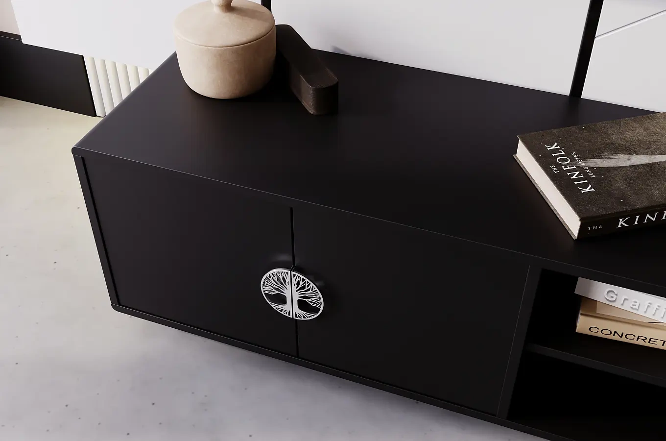 Dancan Lotta Tv-Schrank Mit Silbernen Griffen / Abgerundete Kanten / 139 Cm / Schwarz