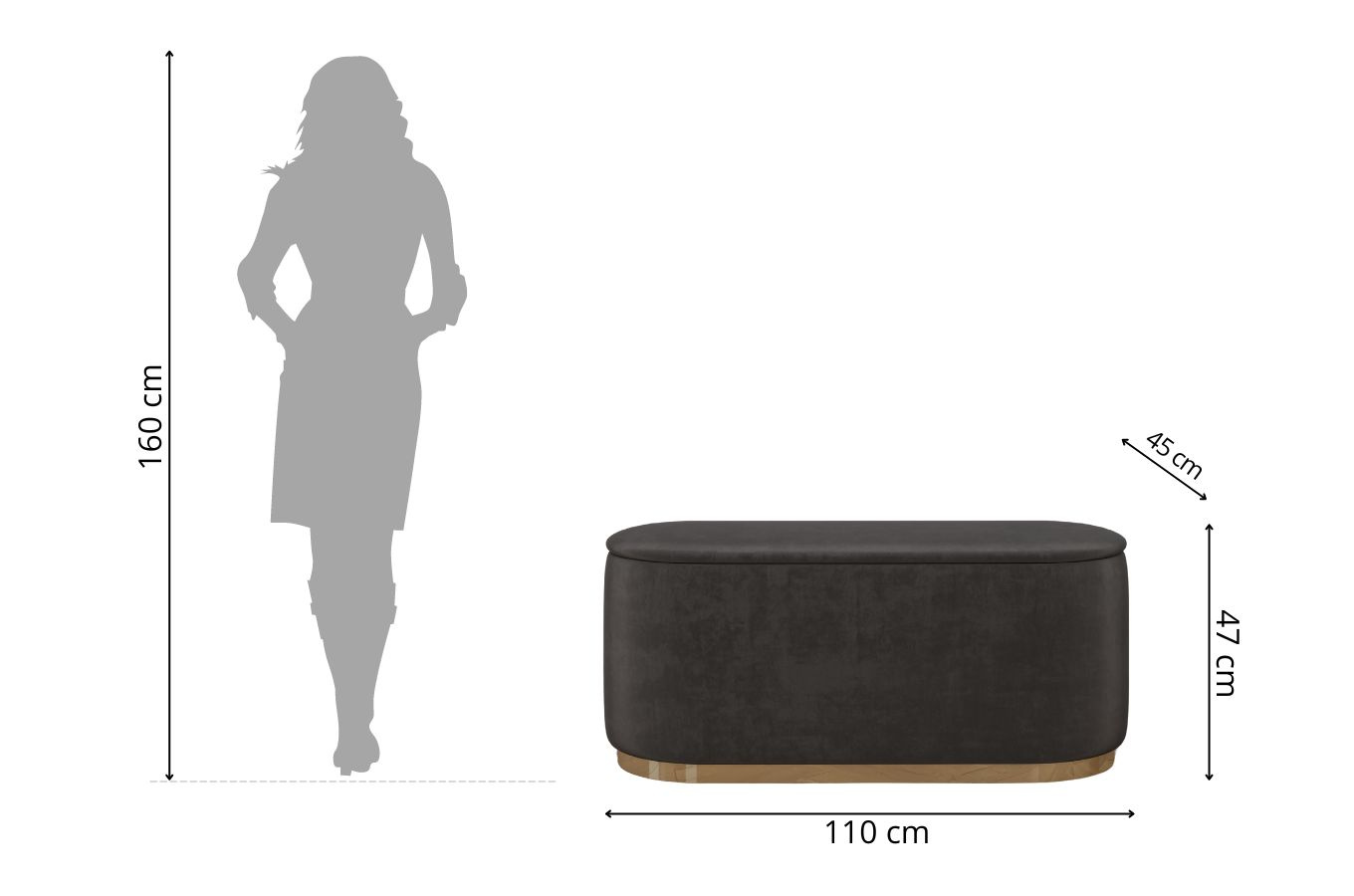 Dancan Scarlett ovaler pouf mit Stauraum / Sitzpuff mit Samtstoff bezogen / 110 Cm / Grau