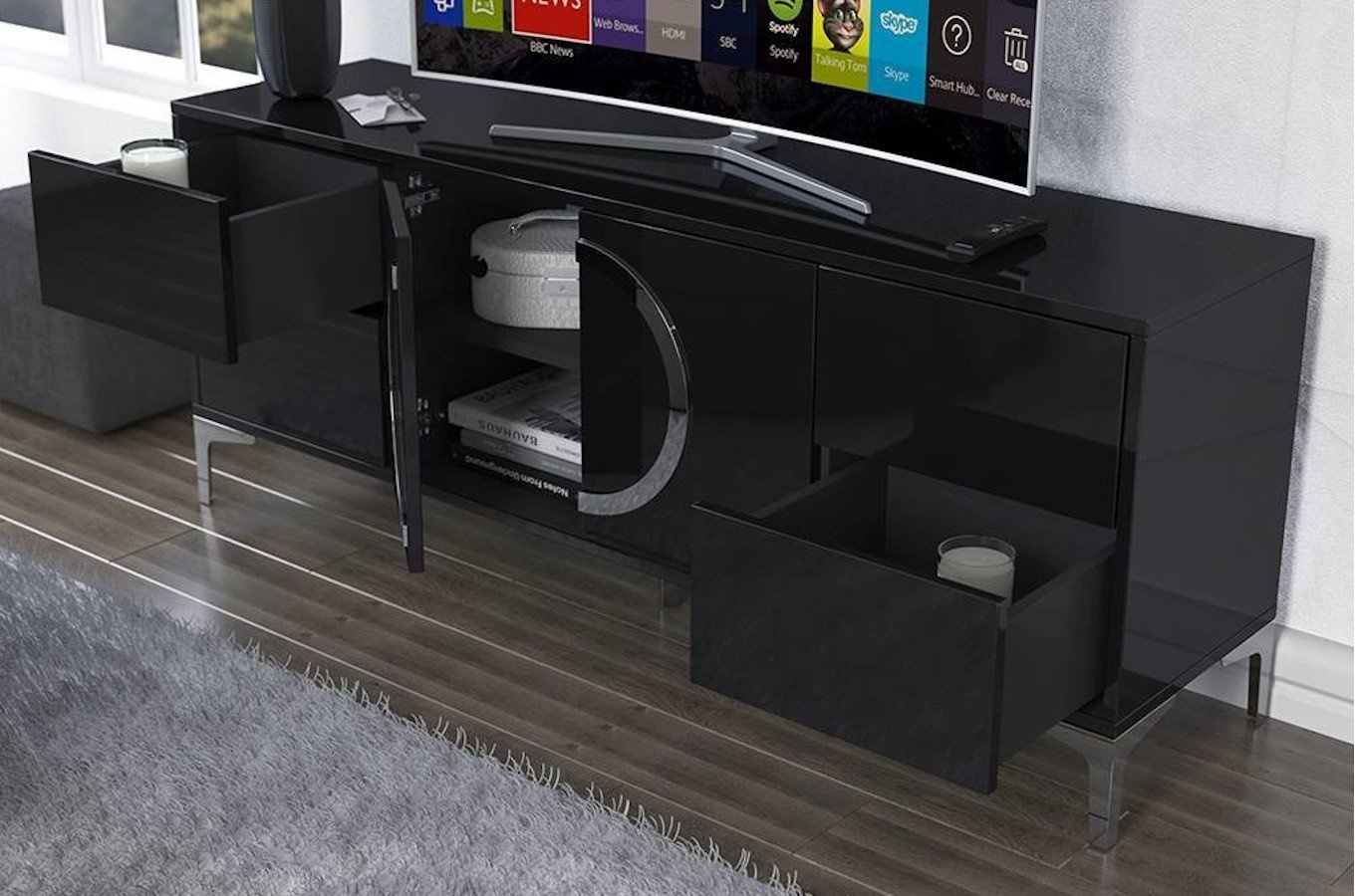 Dancan Eva Moderne Tv-Schrank Mit Silbernen Akzenten / Hochglanz / 4 Schubladen / 150 Cm / Schwarz
