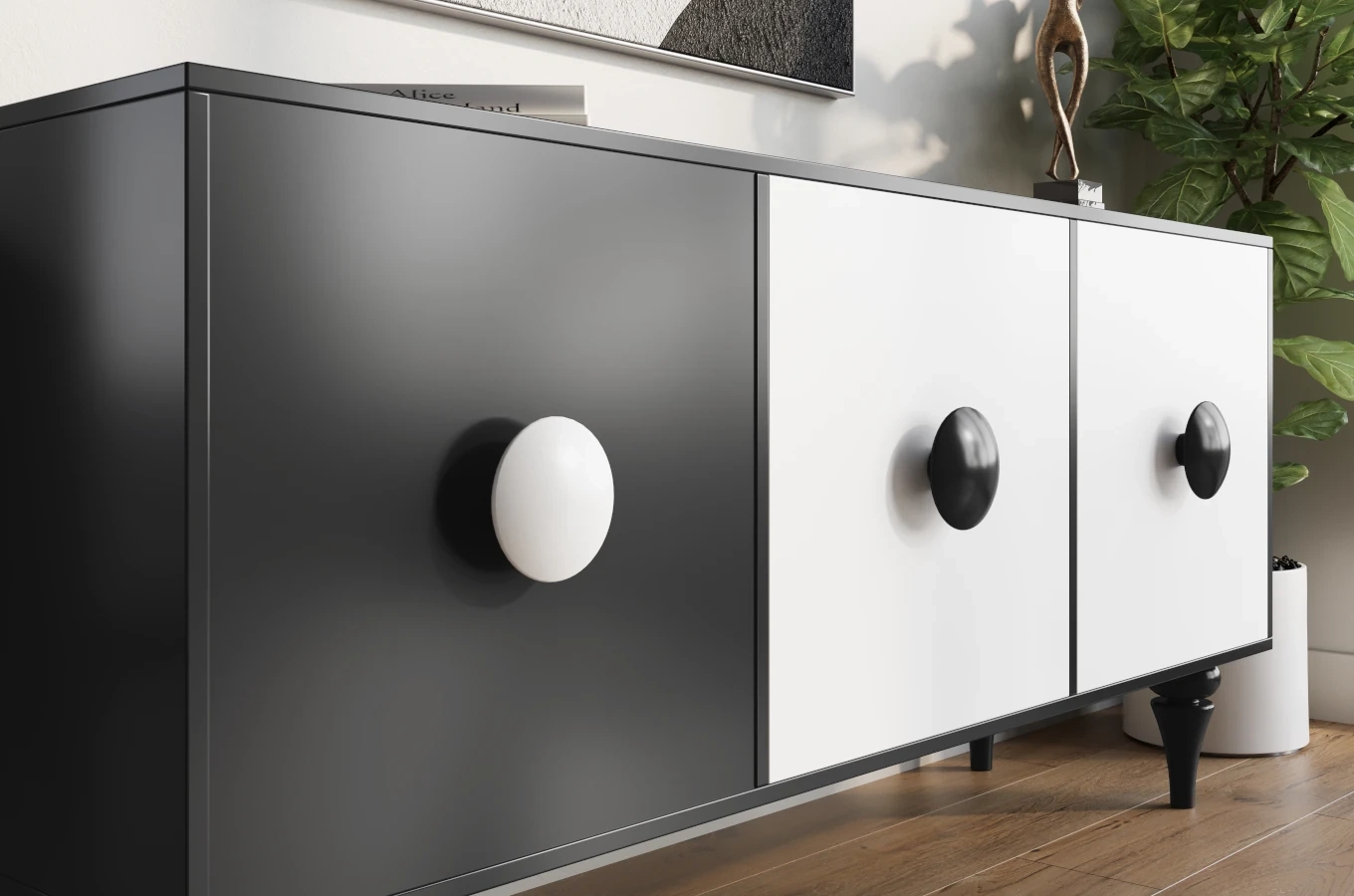 Moderne Kommode Dancan Paradis / 3 Fächer / 158 cm / Schwarz-Weiß