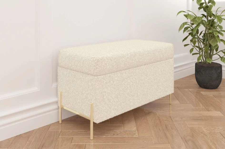 Dancan Borgo Polsterbank Mit Stauraum / Sitztruhe Mit Goldenen Beinen / Fussbank / 80 Cm / Boucle-Stoff creme