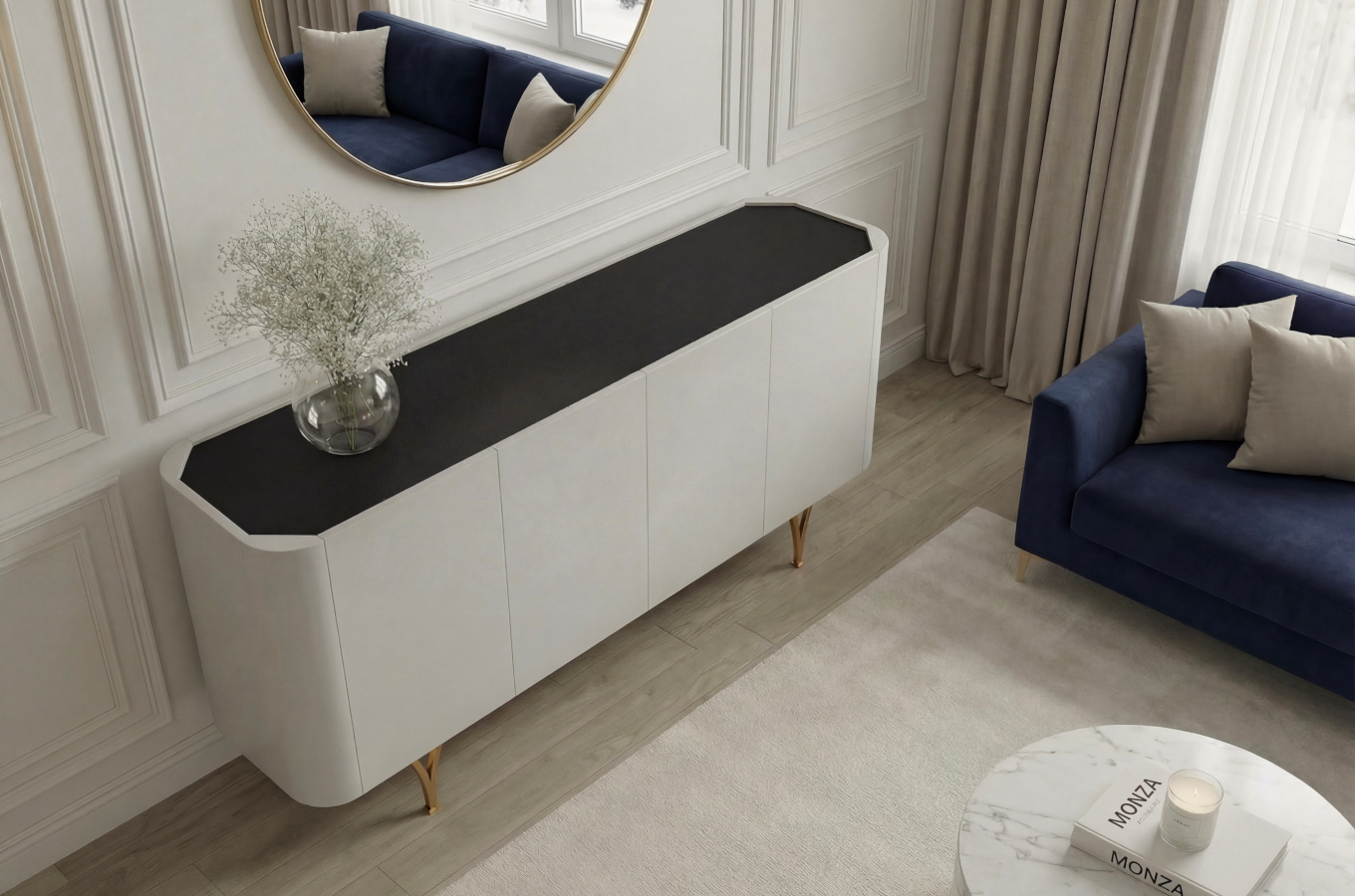 Moderne Kommode Dancan Monza / 160 cm / graue mit goldenen Beinen