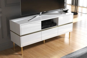 Dancan Marika Tv-Kommode Mit Goldenen Akcentem / Hochglanz / 5 Schubladen / 1 Offenem Fach / 137 Cm / Weiß