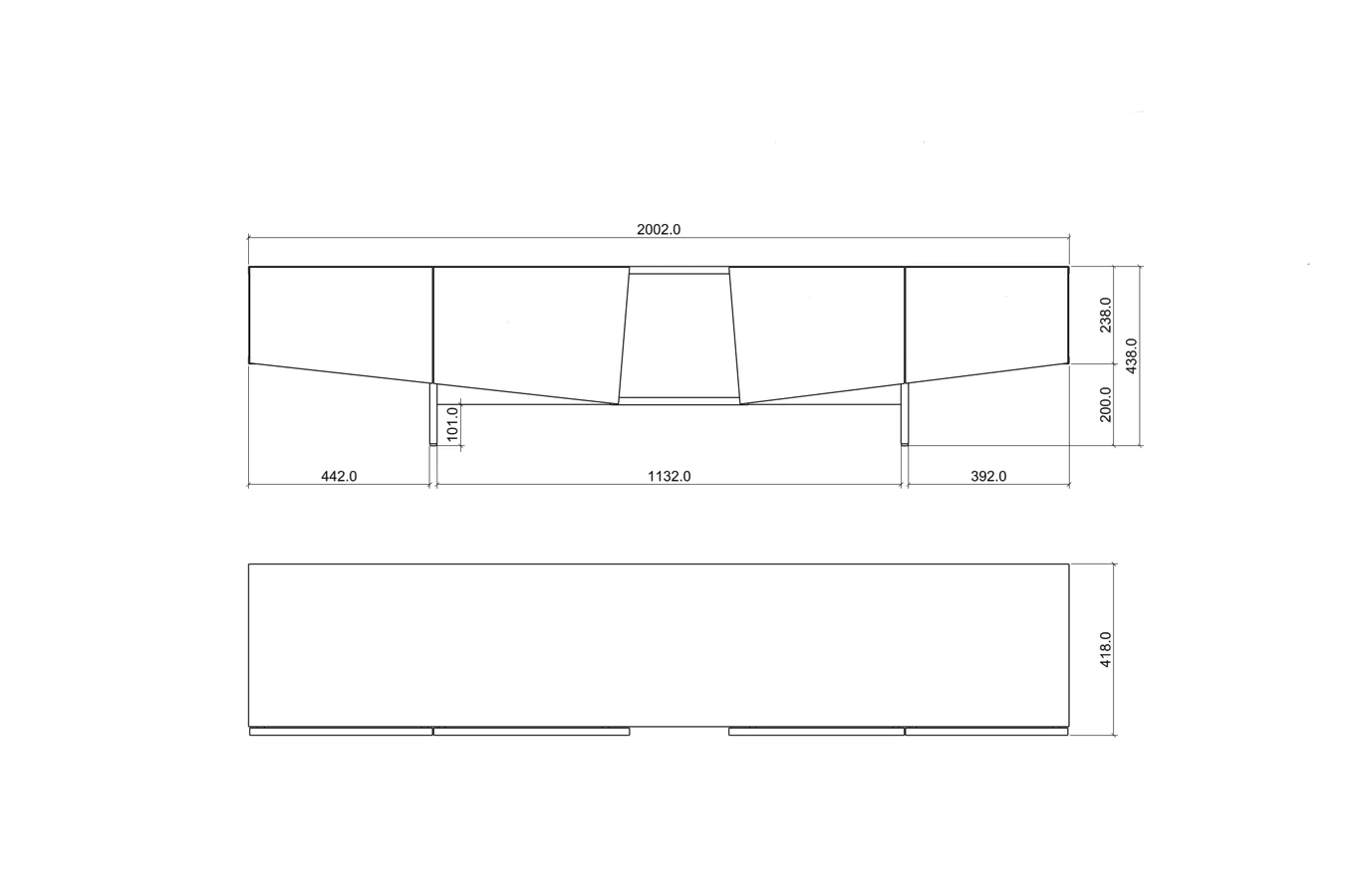 Skandica Wing Moderne TV-Schrank mit Schubladen / Asymmetrische Fronten / 200 Cm / Schwarz-Grau