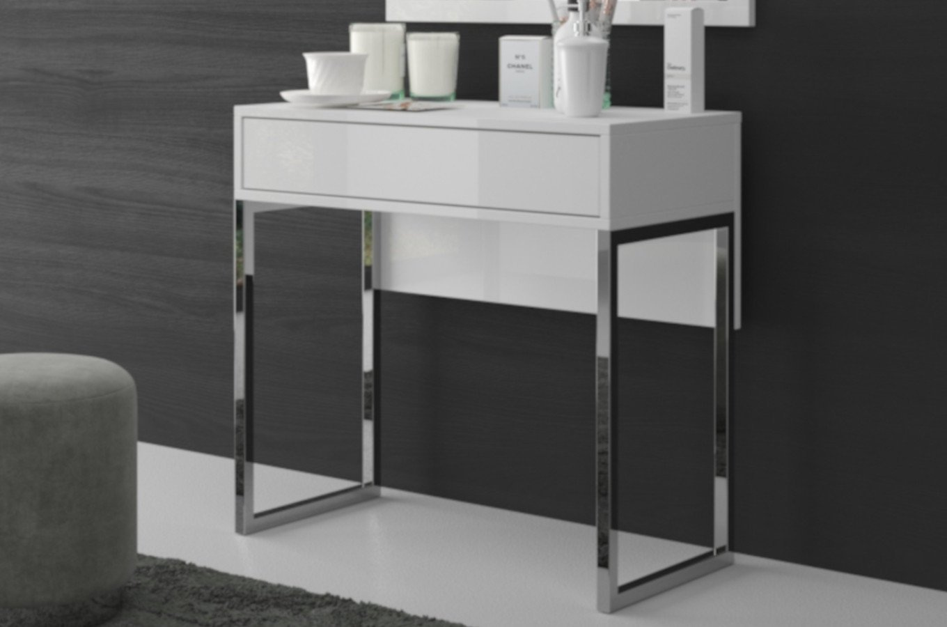 Dancan Eva Moderne Schminktisch / Kosmetiktisch / Schreibtisch Auf Silbernen Beinen / Hochglanz / 1 Schublade / 80 Cm / Weiß