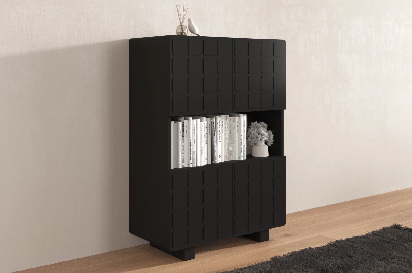 Skandica Cubo High Kommode 3D mit dekoriert Front / 4 Türen / 85 x 120 Cm / Schwarz