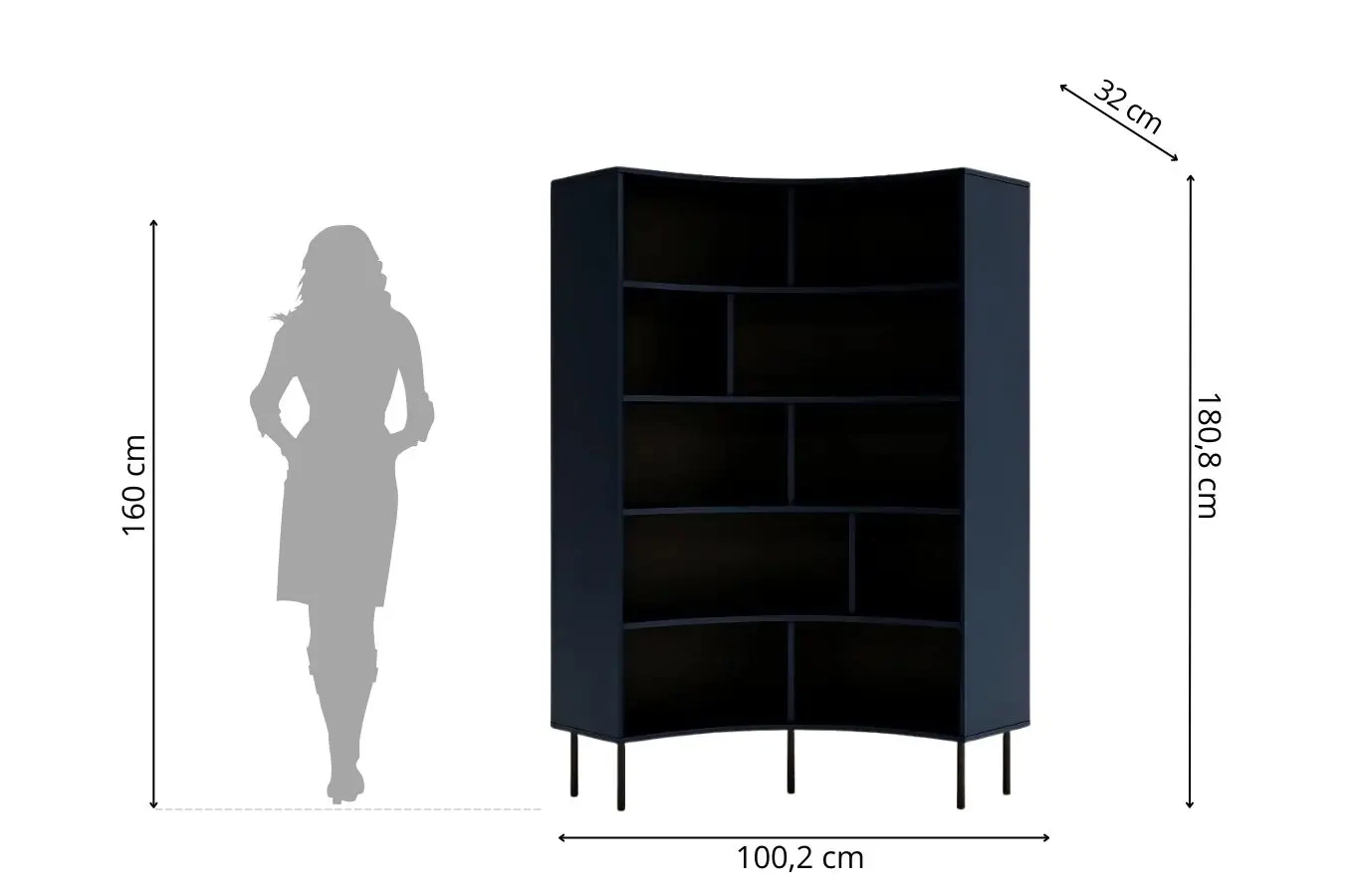 Skandica Horn Eckregal / Bücherregal / Hoches Regal In Bogenform / Mit Schwarzen Beinen / 10 Fächern / 100 Cm / Marineblau