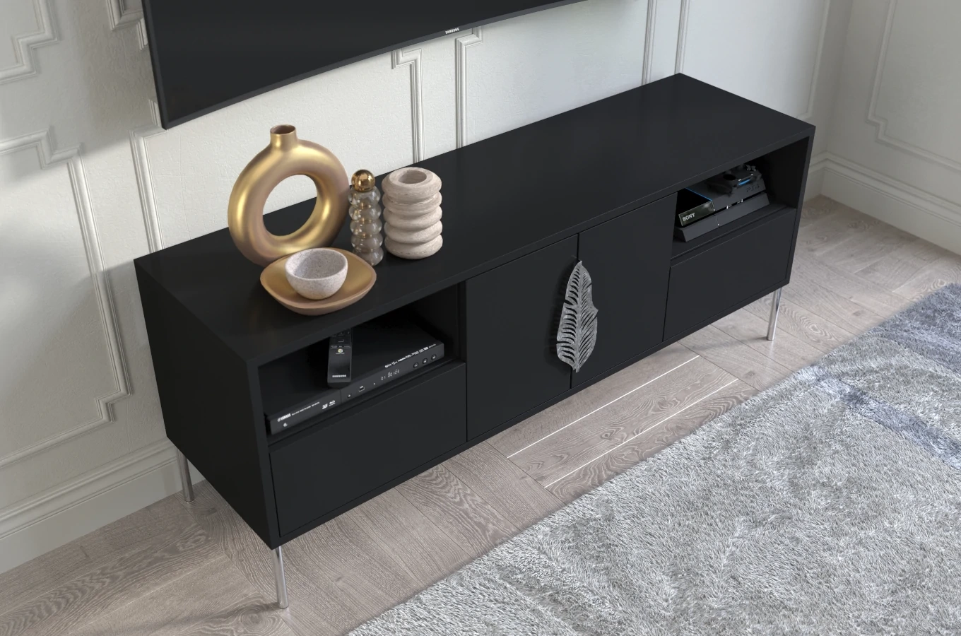Skandica Merlin Tv-Schrank Mit Silbernen Details / 138 Cm / Schwarz