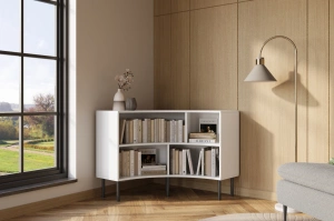 Skandica Horn Eckregal / Bücherregal / Niedriges Regal In Bogenform / Mit Schwarzen Beinen / 4 Fächern / 100 Cm / Weiß