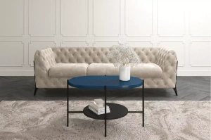 Dancan Arena Moderner Couchtisch mit 2 Ablagen / Oval + Rund / 80 x 50 x 50 Cm / mit Schwarz Metallgestell / Marineblau / Schwarz