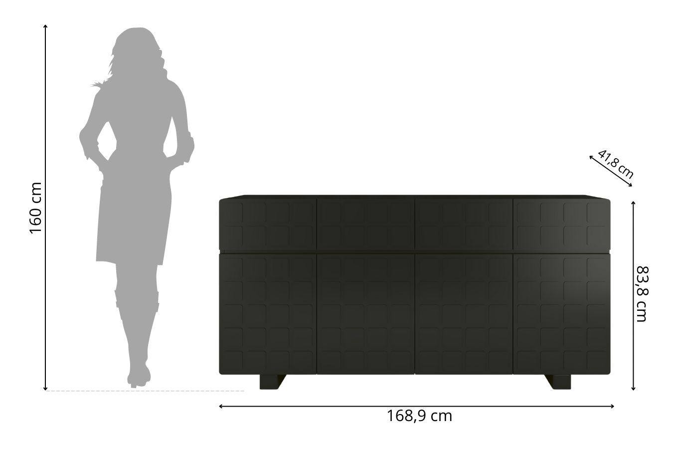 Skandica Cubo Long Kommode 3D mit dekorierter Front / 4 Schubladen / 4 Türen / 169 Cm / Schwarz