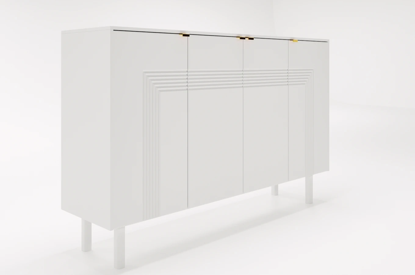 Dancan Yoko Kommode / Tv Schrank / Mit Dekorativen Fronten Und Goldgriffen / 4 Türen / 156 Cm / Weiß