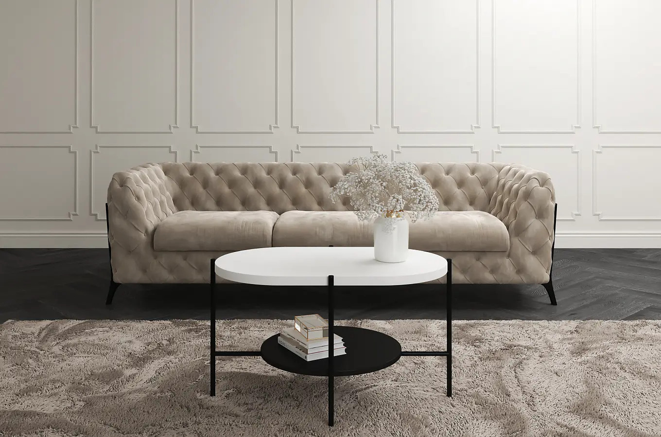 Dancan Arena Moderner Couchtisch mit 2 Ablagen / Oval + Rund / 80 x 50 x 50 Cm / mit Schwarz Metallgestell / Weiß / Schwarz