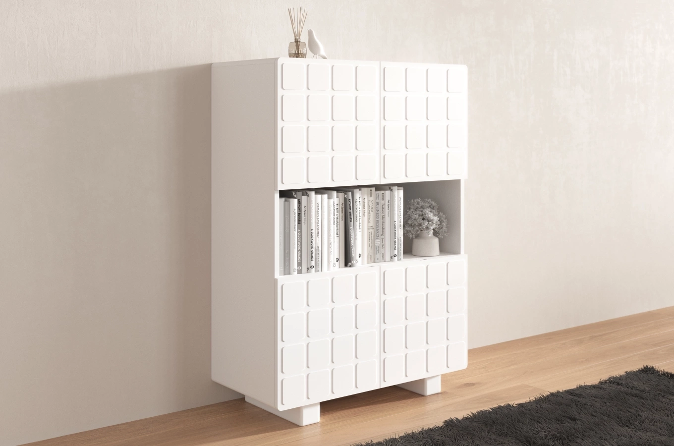 Skandica Cubo High Kommode 3D mit dekoriert Front / 4 Türen / 85 x 120 Cm / Weiß