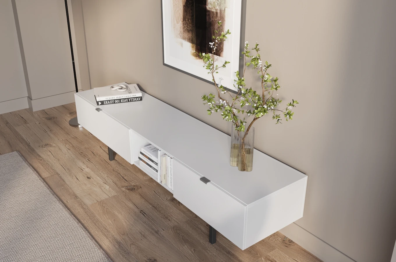 Skandica Myway Moderne TV-Schrank mit Schublade / Minimalistische TV-Schrank auf Metallbeinen / 180 Cm / Weiß