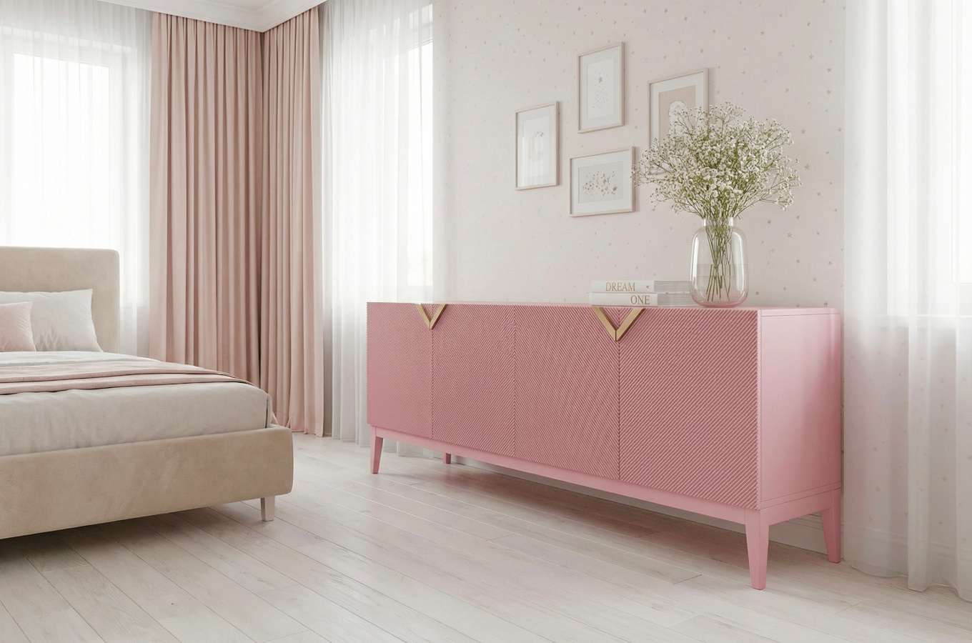 Holzkommode Visby Demi Long / 201,5 Cm / Puderrosa