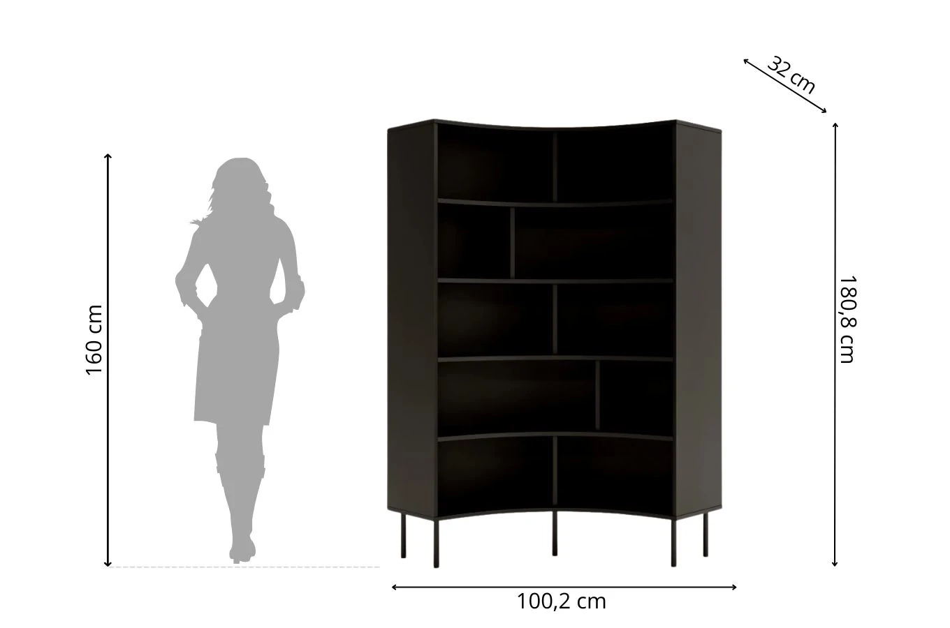 Skandica Horn Eckregal / Bücherregal / Hoches Regal In Bogenform / Mit Schwarzen Beinen / 10 Fächern / 100 Cm / Schwarz