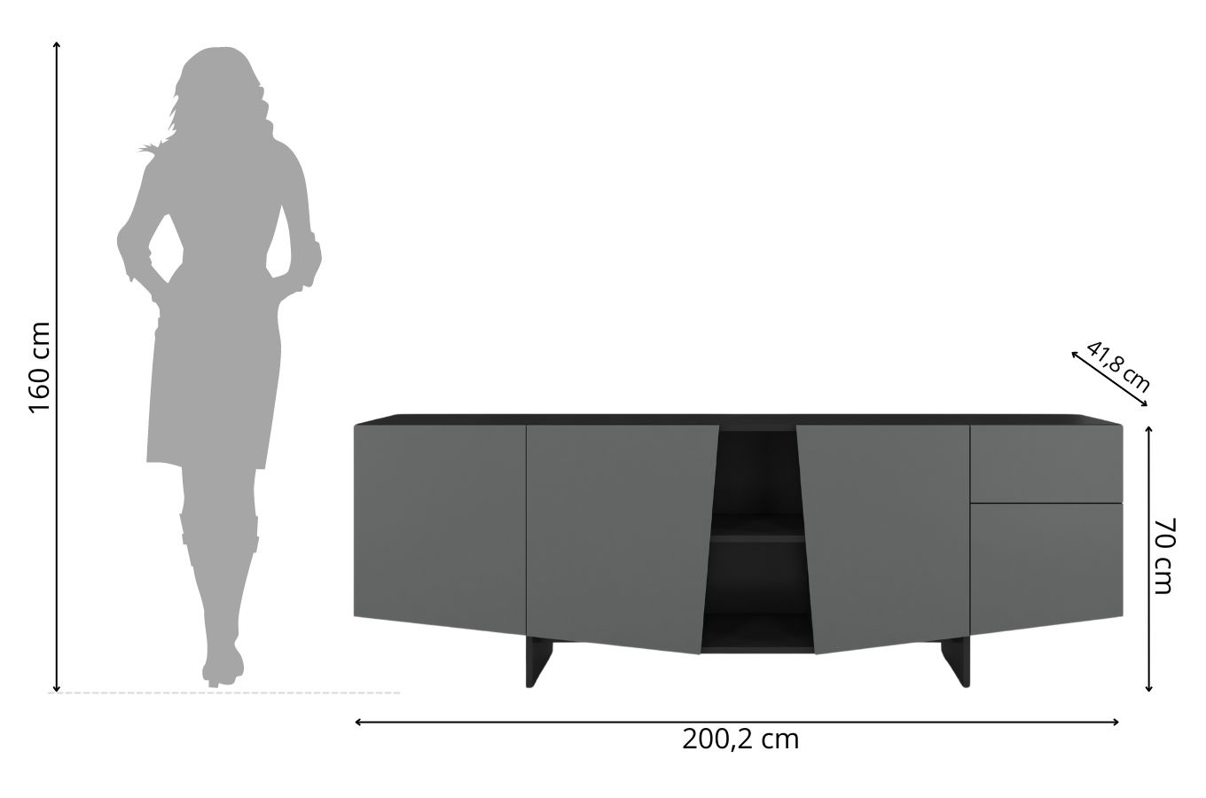 Skandica Wing Moderne Kommode mit Schubladen / Asymmetrische Fronten / 200 Cm / Schwarz-Grau