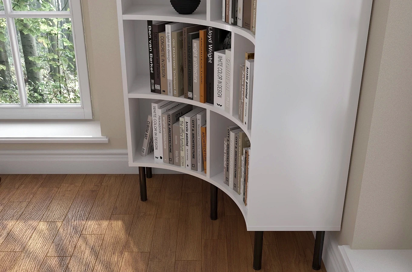 Skandica Horn Eckregal / Bücherregal / Hoches Regal In Bogenform / Mit Schwarzen Beinen / 10 Fächern / 80 Cm / Weiß