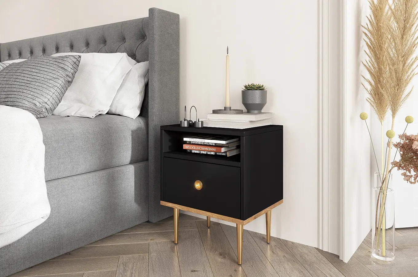 Skandica Harmoni Nachttisch Mit Goldenen Details / 1 Schublade / 1 Offenes Fach / 44 Cm / Eiche / Schwarz