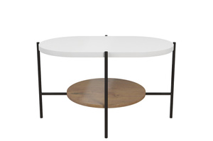 Dancan Arena Moderner Couchtisch mit 2 Ablagen / Oval + Rund / 80 x 50 x 50 Cm / mit Schwarz Metallgestell / Weiß / Eiche
