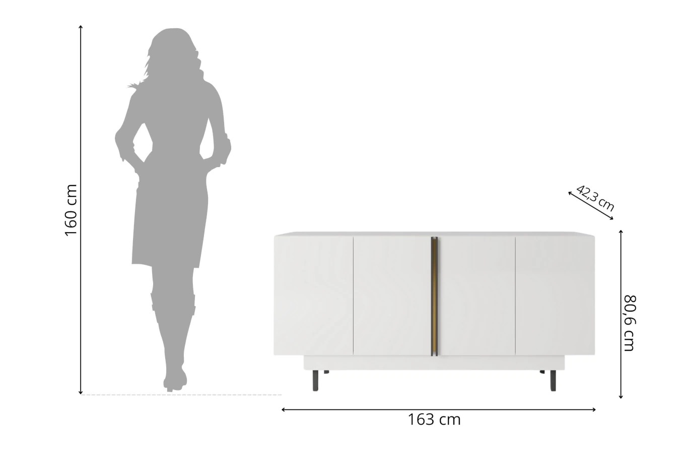 Dancan Artemisa Kommode Mit Goldenem Akzent / Hochglanz / 4 Türen / 163 Cm / Weiß