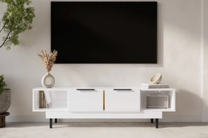 Dancan Artemisa Tv-Kommode Mit Goldenem Akzent / Hochglanz / 2 Schubladen / 2 Offenen Fächern / 163 Cm / Weiß