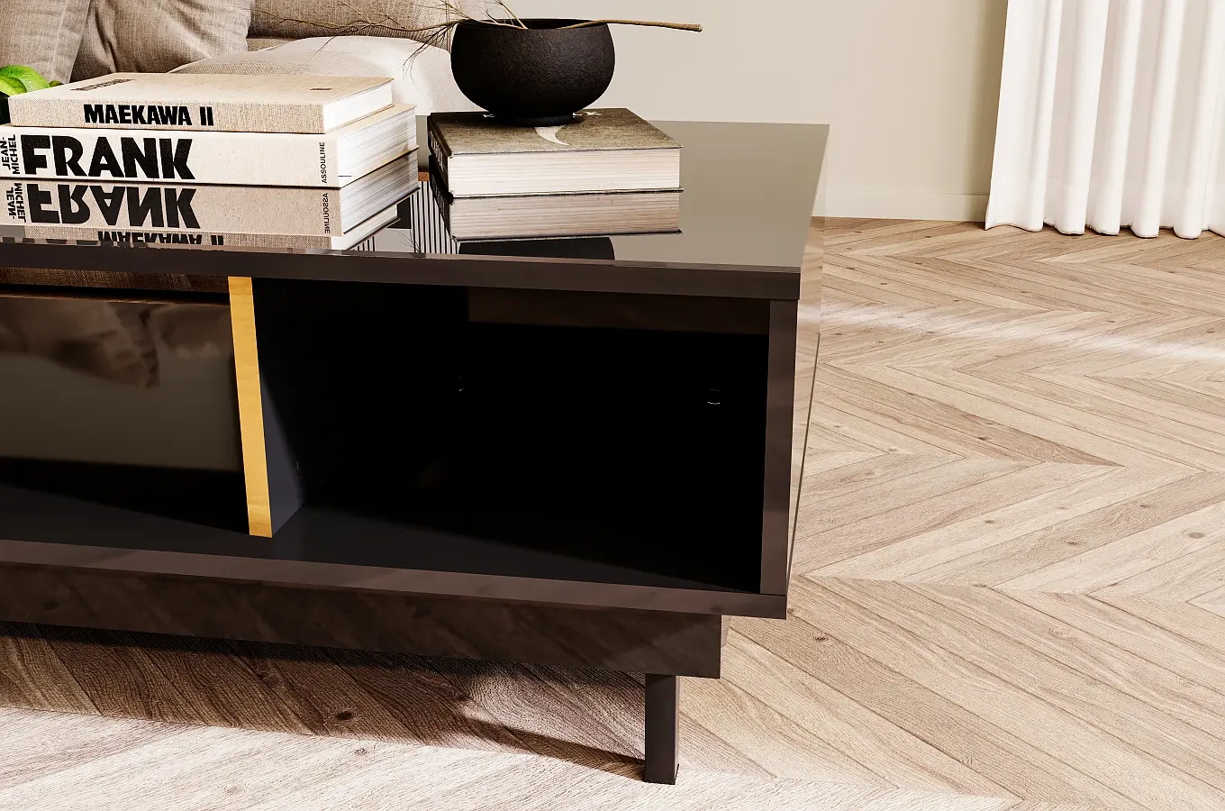 Dancan Artemisa Couchtisch Mit Goldenem Akzent / Hochglanz / 3 Fächern / 115 Cm / Schwarz