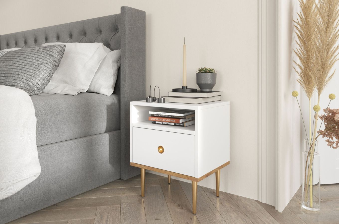 Skandica Harmoni Nachttisch Mit Goldenen Details / 1 Schublade / 1 Offenes Fach / 44 Cm / Eiche / Weiß