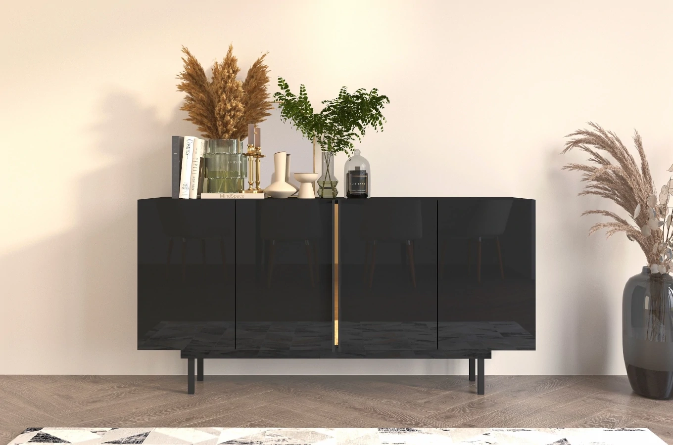 Dancan Artemisa Kommode Mit Goldenem Akzent / Hochglanz / 4 Türen / 163 Cm / Schwarz