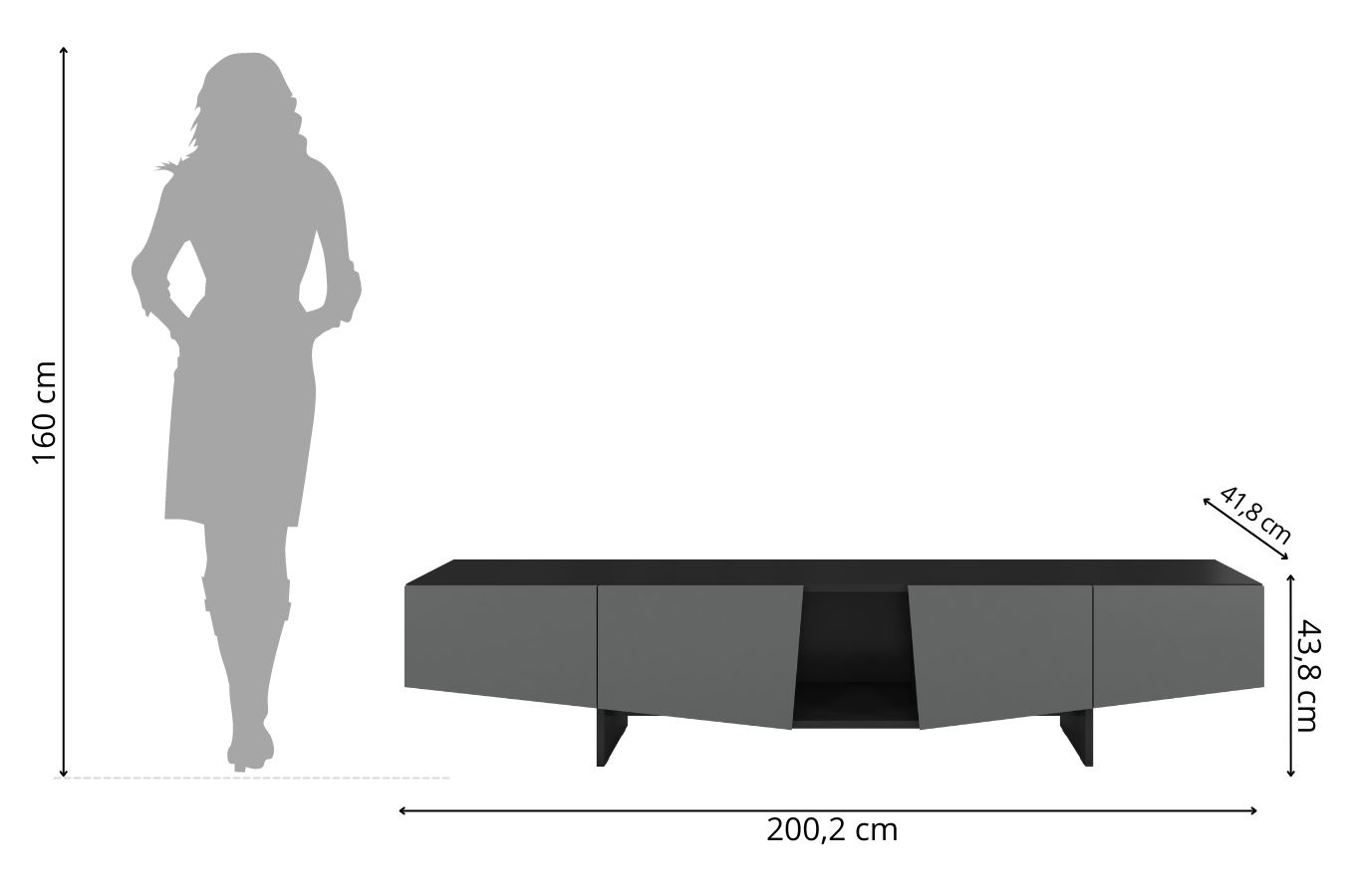 Skandica Wing Moderne TV-Schrank mit Schubladen / Asymmetrische Fronten / 200 Cm / Schwarz-Grau