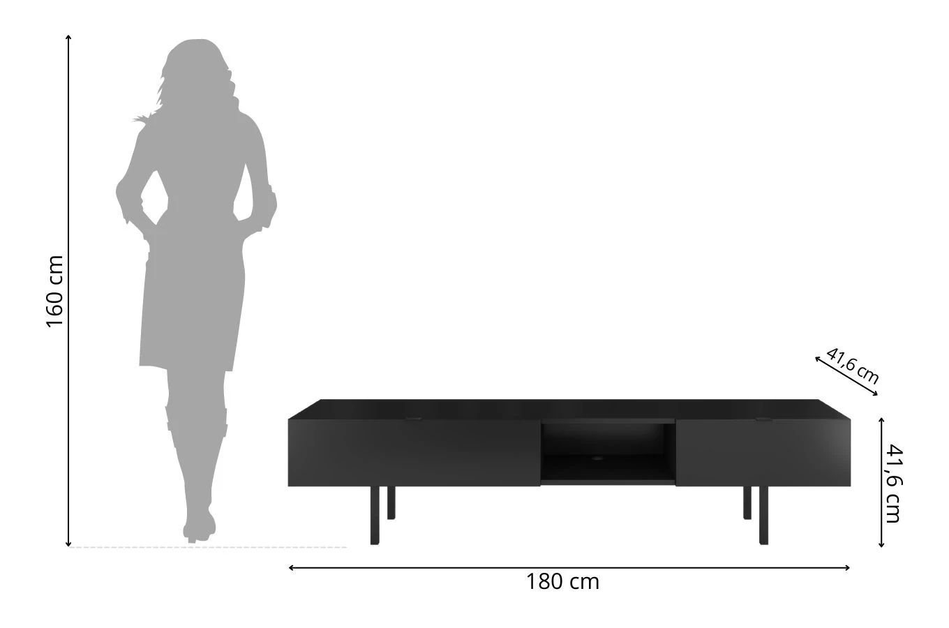 Skandica Myway Moderne TV-Schrank mit Schublade / Minimalistische TV-Schrank auf Metallbeinen / 180 Cm / Schwarz