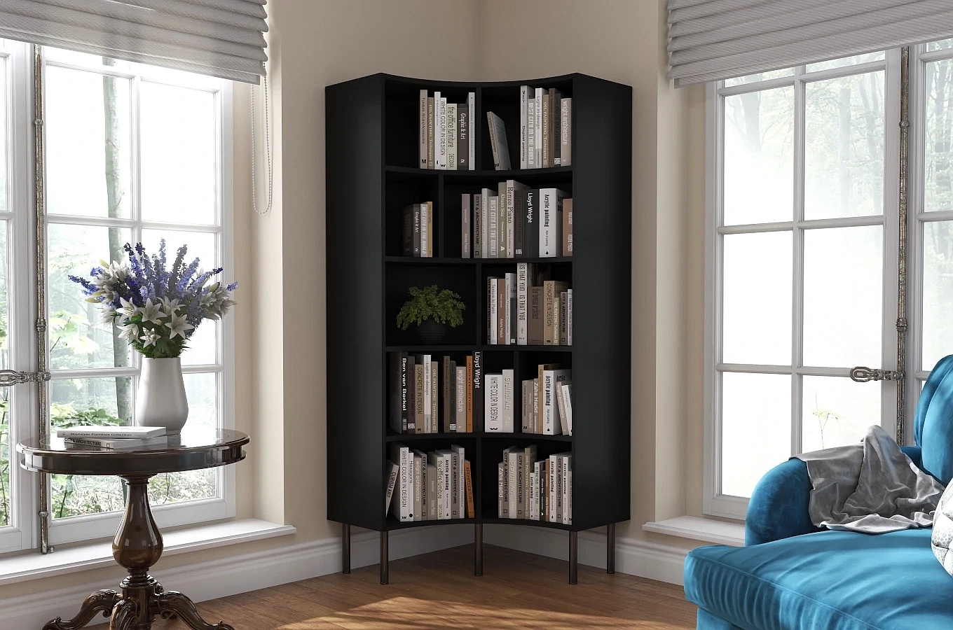 Skandica Horn Eckregal / Bücherregal / Hoches Regal In Bogenform / Mit Schwarzen Beinen / 10 Fächern / 80 Cm / Schwarz