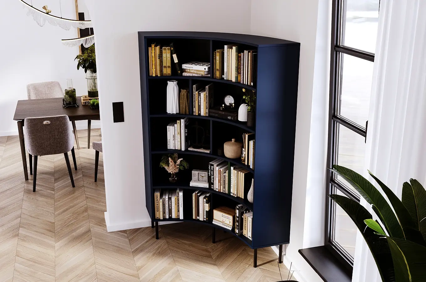Skandica Horn Eckregal / Bücherregal / Hoches Regal In Bogenform / Mit Schwarzen Beinen / 10 Fächern / 100 Cm / Marineblau