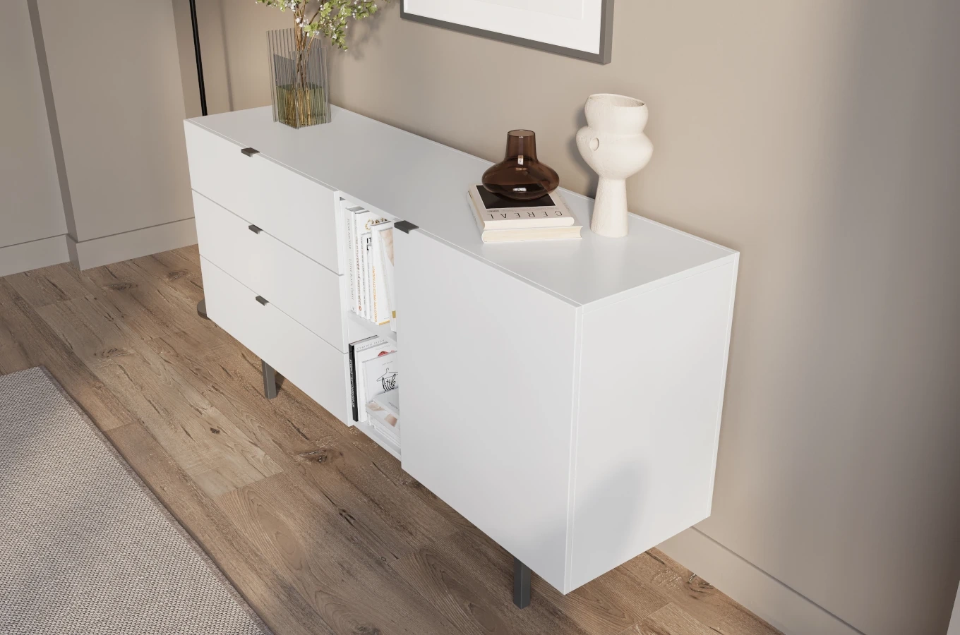 Skandica Myway Moderne Kommode mit Schubladen / Minimalistische Kommode auf Metallbeinen / 160 Cm / Weiß