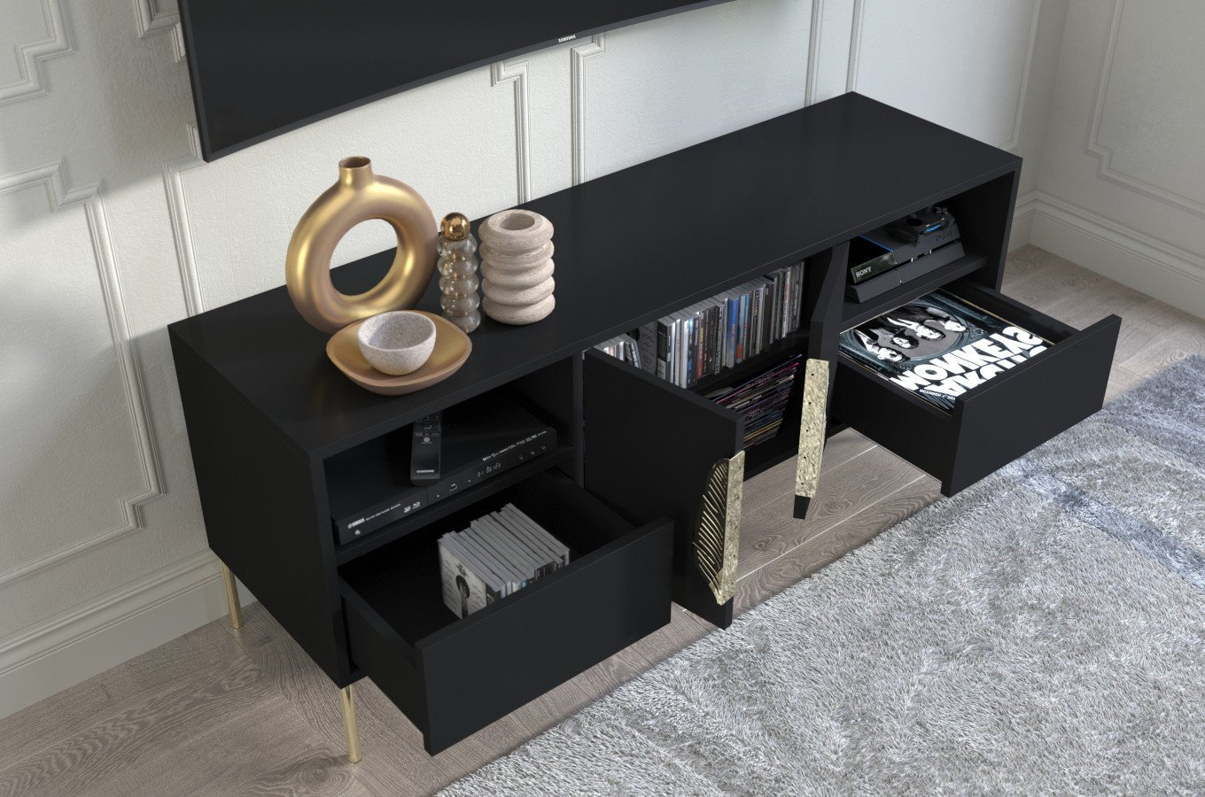 Skandica Merlin Tv-Schrank Mit Goldenen Details / 138 Cm / Schwarz