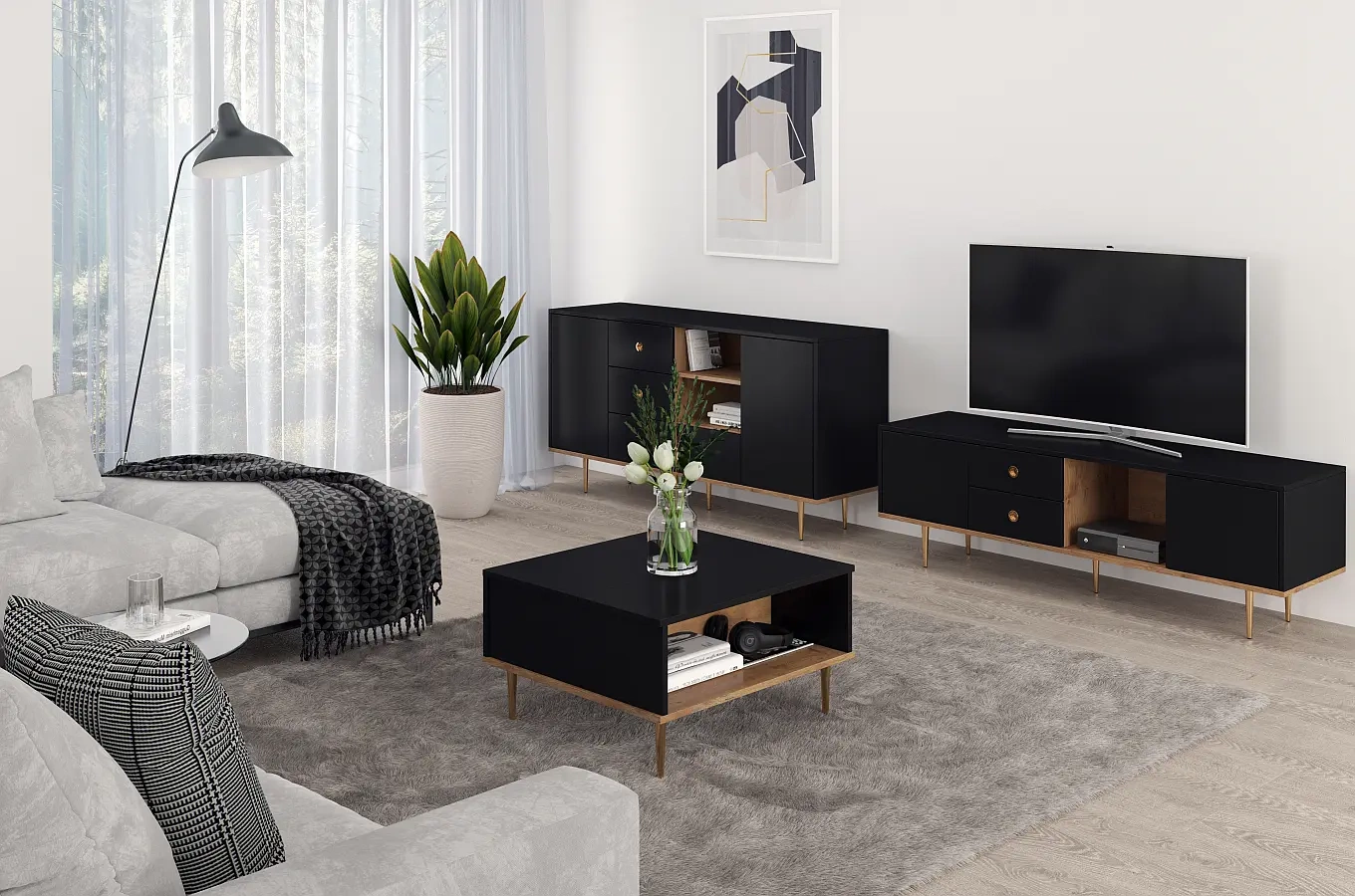 Skandica Harmoni TV-SCHRANK / Kommode Mit Goldenen Details / 2 Türen / 2 Schubladen / 1 Offenes Fach / 160 Cm / Eiche / Schwarz