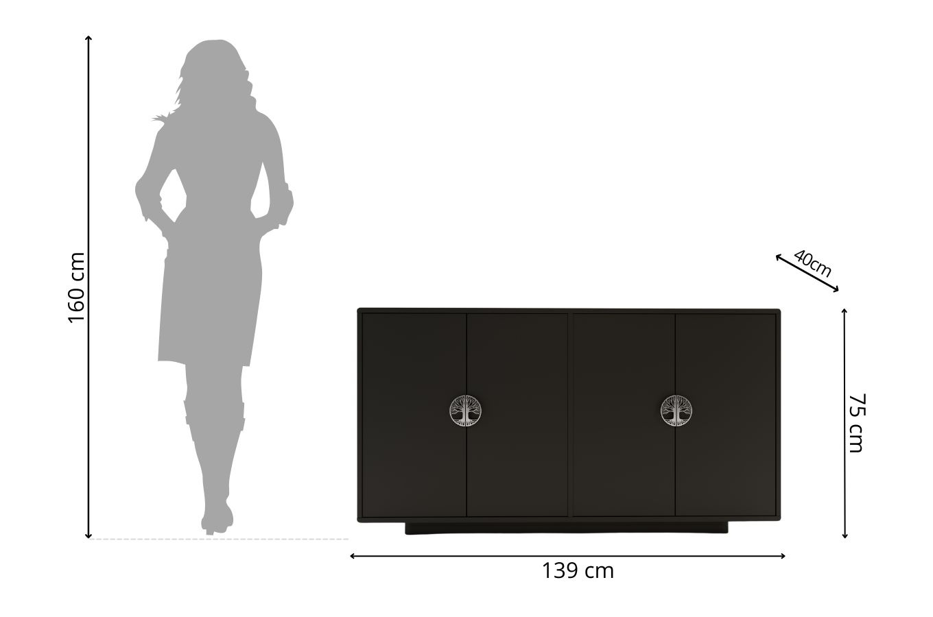 Dancan Lotta Kommode Mit Silbernen Griffen / Abgerundete Kanten / 139 Cm / Schwarz