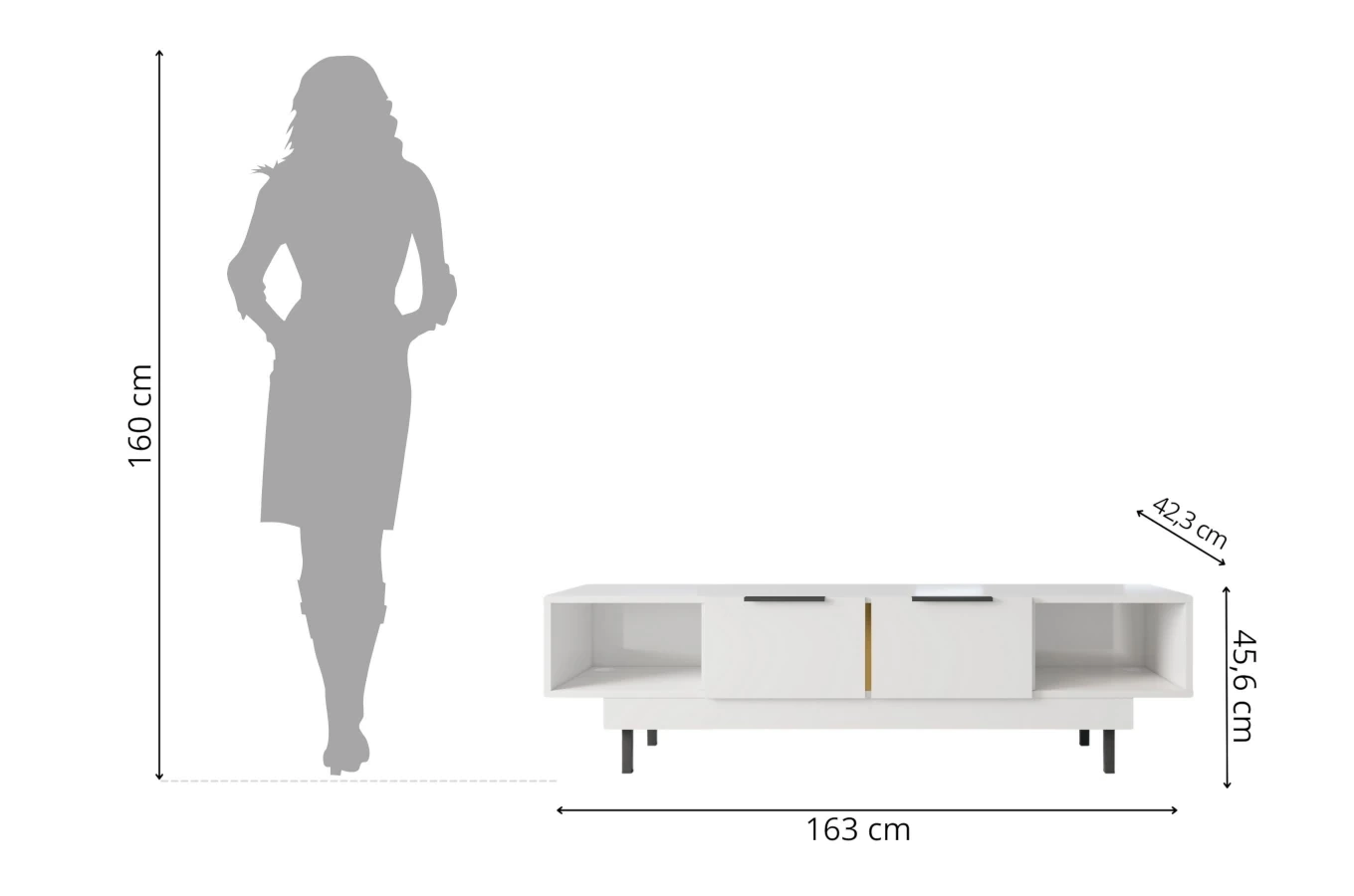 Dancan Artemisa Tv-Kommode Mit Goldenem Akzent / Hochglanz / 2 Schubladen / 2 Offenen Fächern / 163 Cm / Weiß