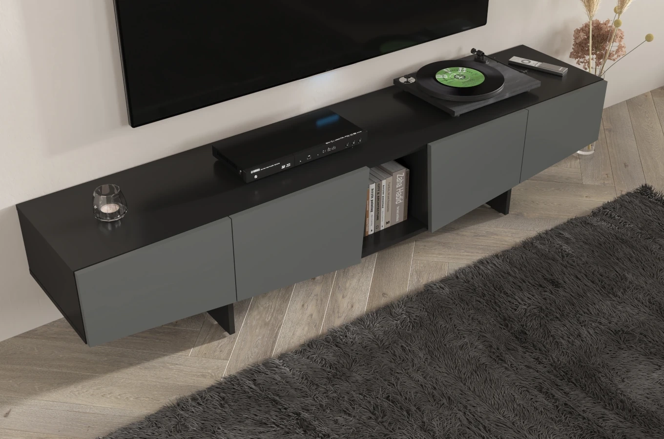 Skandica Wing Moderne TV-Schrank mit Schubladen / Asymmetrische Fronten / 200 Cm / Schwarz-Grau