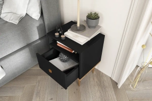 Skandica Harmoni Nachttisch Mit Goldenen Details / 1 Schublade / 1 Offenes Fach / 44 Cm / Eiche / Schwarz