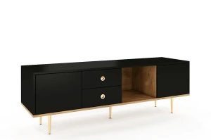 Skandica Harmoni TV-SCHRANK / Kommode Mit Goldenen Details / 2 Türen / 2 Schubladen / 1 Offenes Fach / 160 Cm / Eiche / Schwarz