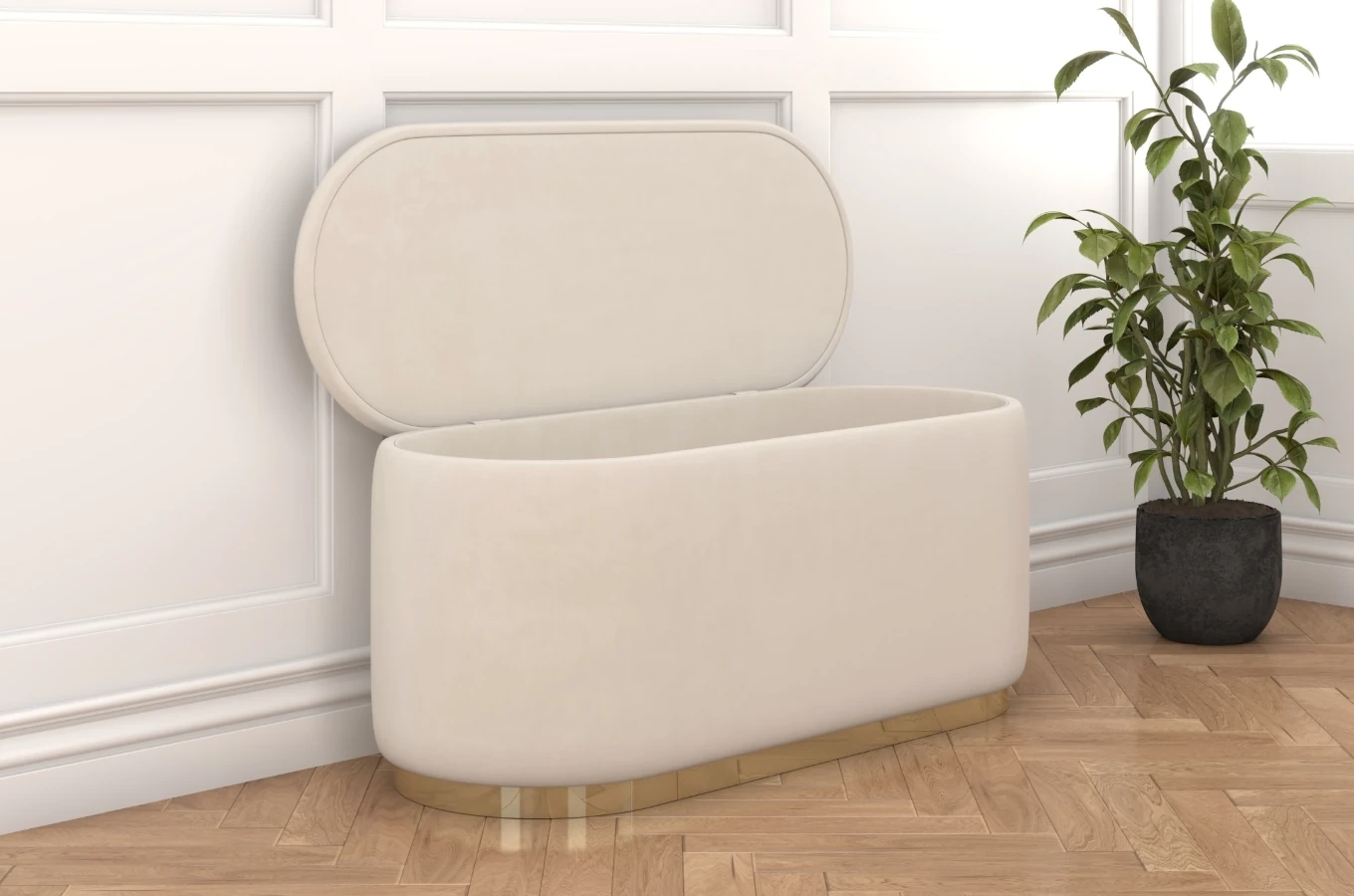 Dancan Scarlett ovaler pouf mit Stauraum / Sitzpuff mit Samtstoff bezogen / 110 Cm / Beige