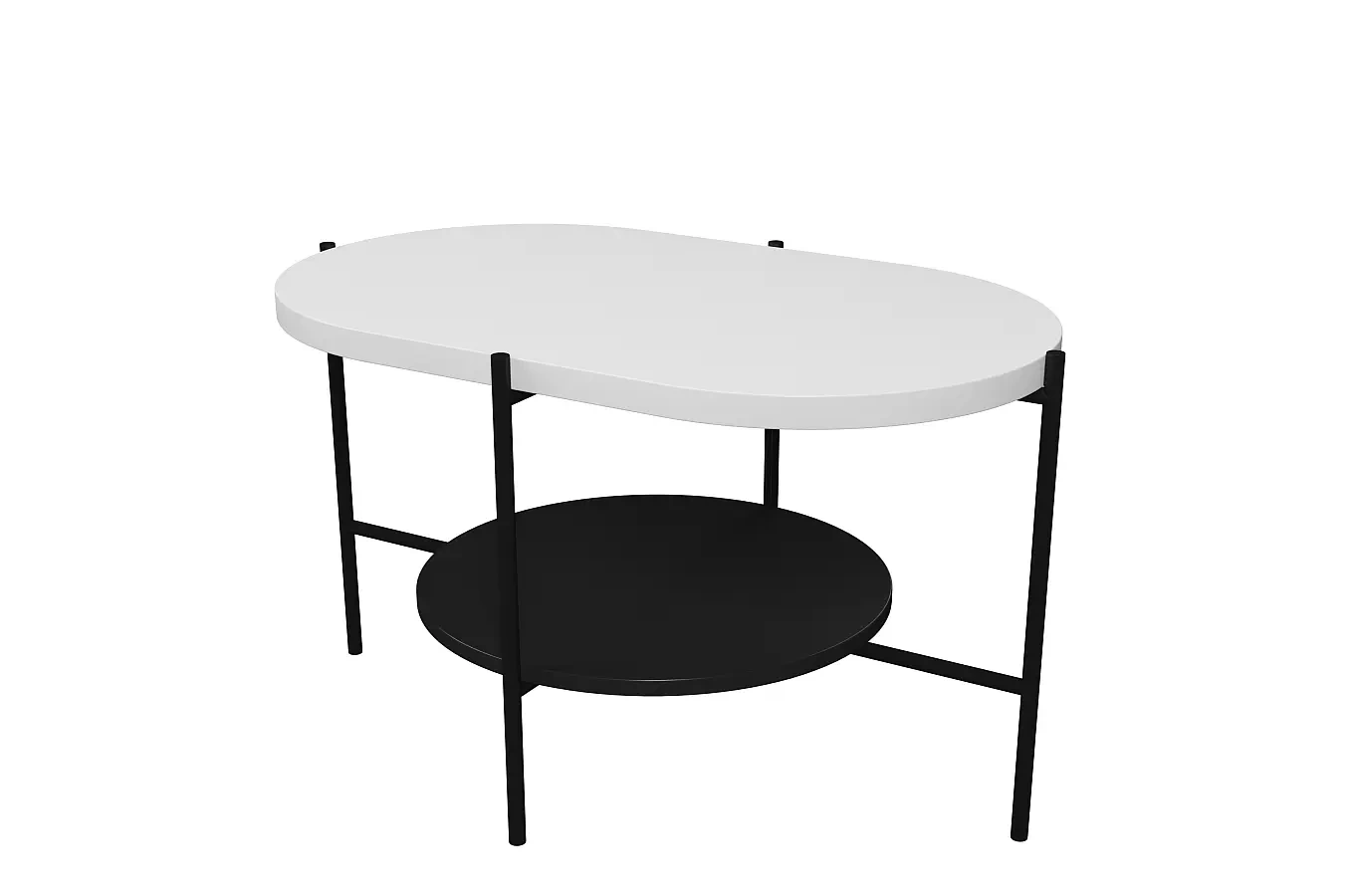 Dancan Arena Moderner Couchtisch mit 2 Ablagen / Oval + Rund / 80 x 50 x 50 Cm / mit Schwarz Metallgestell / Weiß / Schwarz
