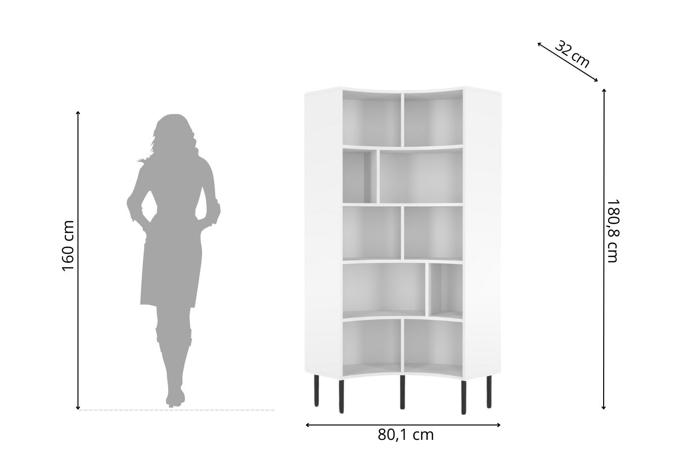 Skandica Horn Eckregal / Bücherregal / Hoches Regal In Bogenform / Mit Schwarzen Beinen / 10 Fächern / 80 Cm / Weiß