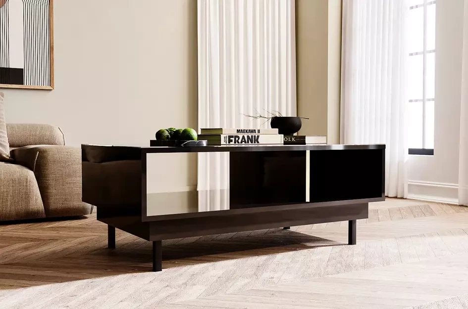 Dancan Artemisa Couchtisch Mit Goldenem Akzent / Hochglanz / 3 Fächern / 115 Cm / Schwarz